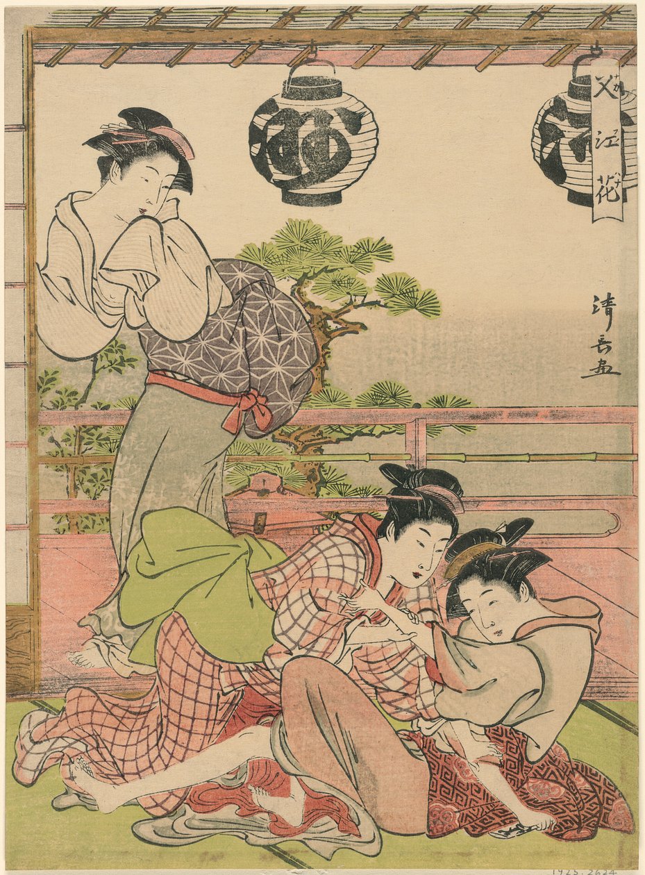 Dos geishas luchando por una carta (Fumi no arasoi), de la serie "Flores de Nakasu (Nakasu no hana)" de Torii Kiyonaga