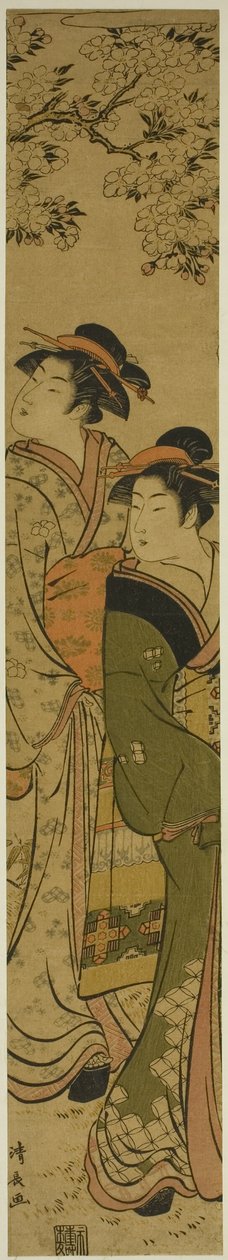 Dos geishas caminando bajo un cerezo de Torii Kiyonaga