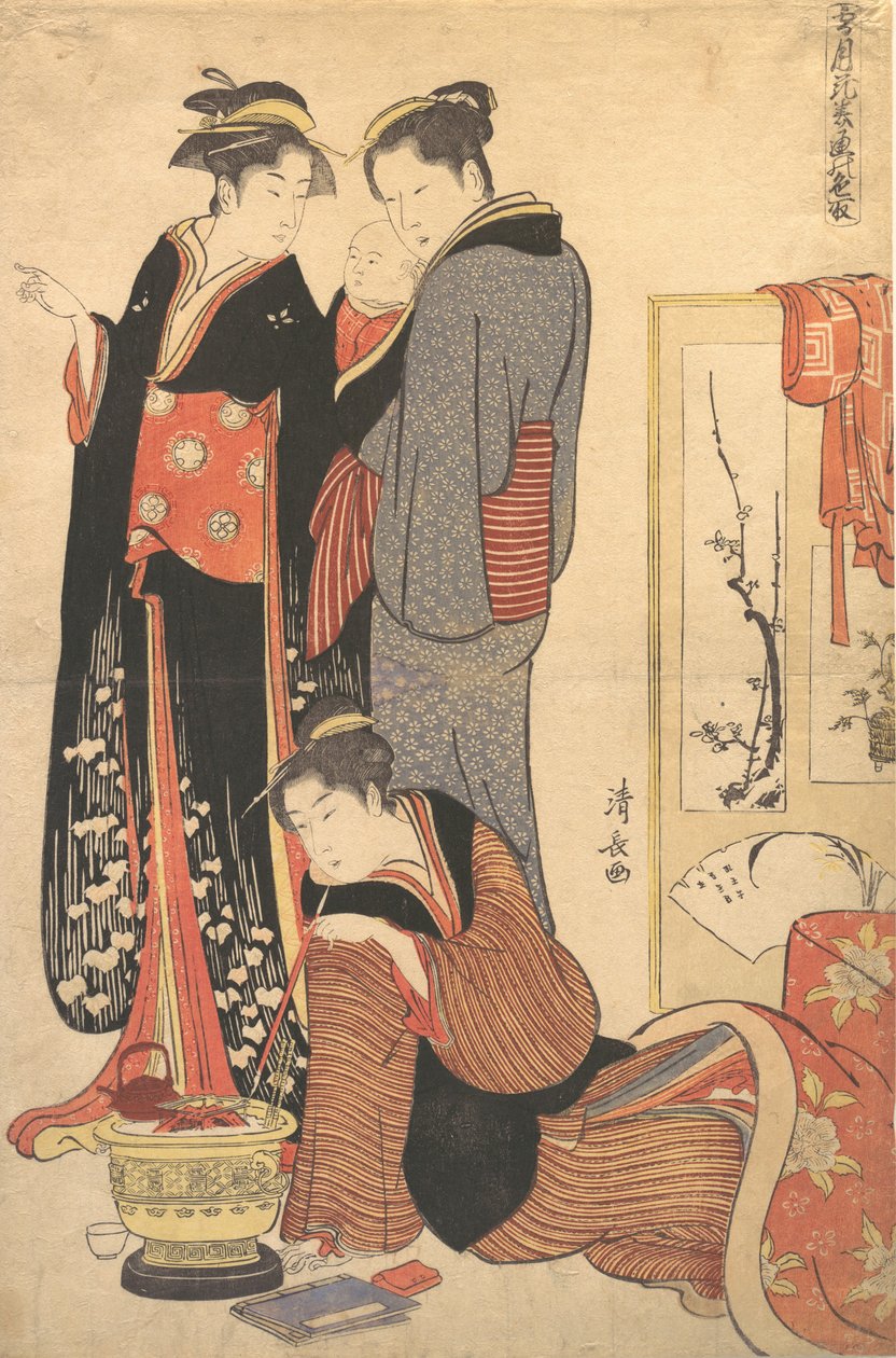 Dos mujeres de pie, sosteniendo a un niño, ca. 1785 de Torii Kiyonaga