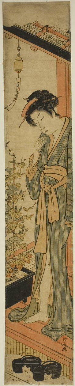Mujer admirando glorias de la mañana mientras se cepilla los dientes de Torii Kiyonaga