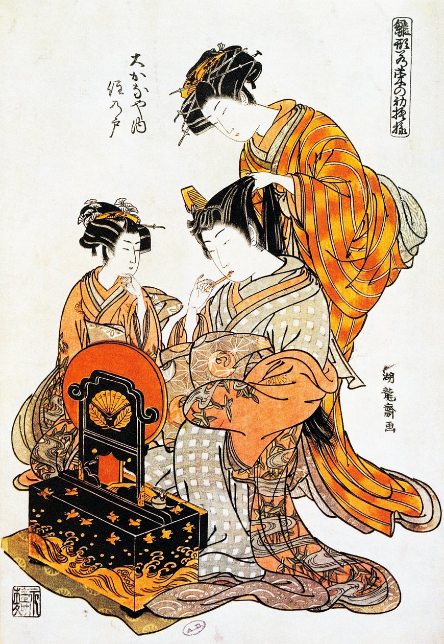 Mujer frente al espejo mientras le peinan el cabello, impresión de arte ukiyo-e por Torii Kiyonaga (1751-1815), xilografía, civilización japonesa, período Edo de Torii Kiyonaga