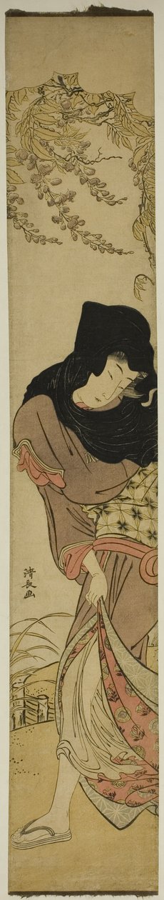 Mujer bajo glicinia azotada por el viento de Torii Kiyonaga