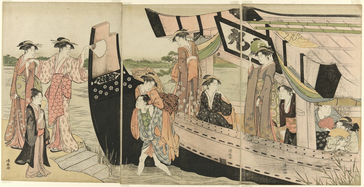 Mujeres desembarcando de un barco de recreo en el río Sumida de Torii Kiyonaga
