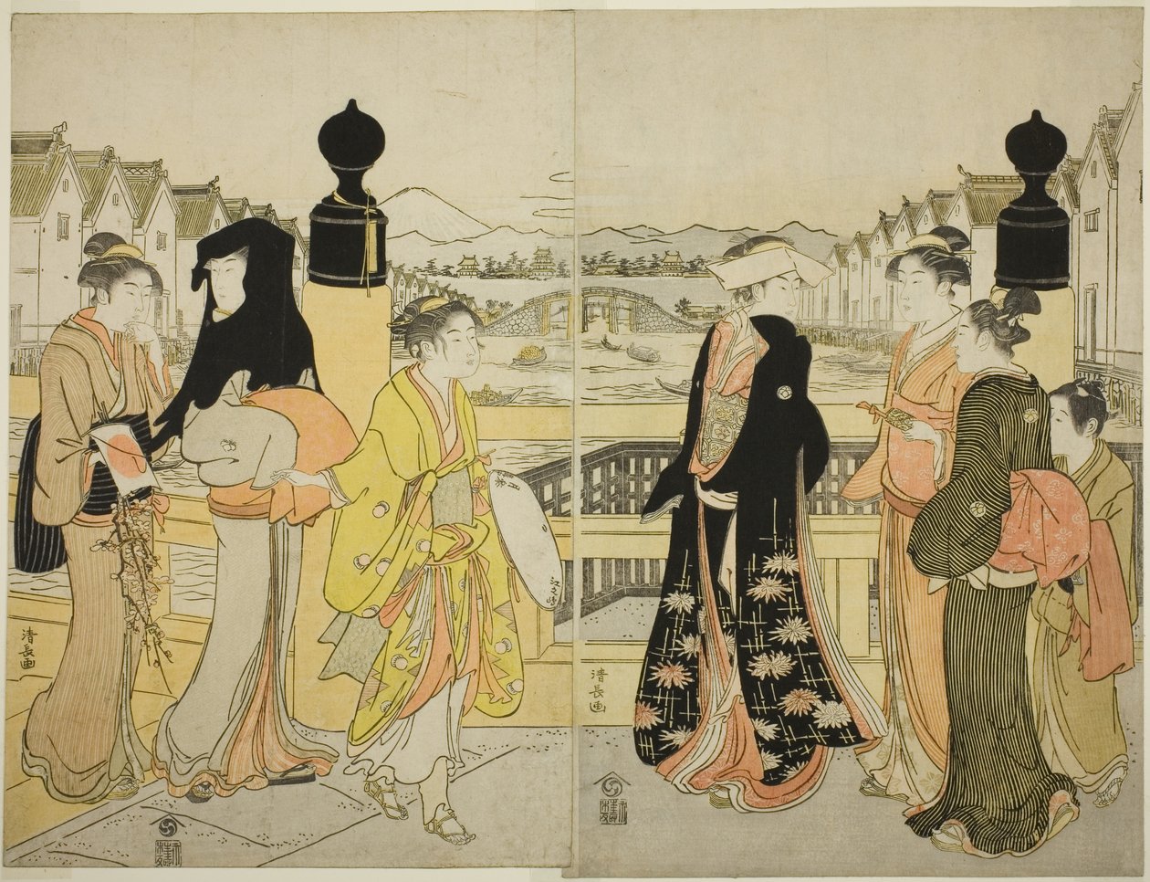 Mujeres cruzando el puente Nihonbashi de Torii Kiyonaga