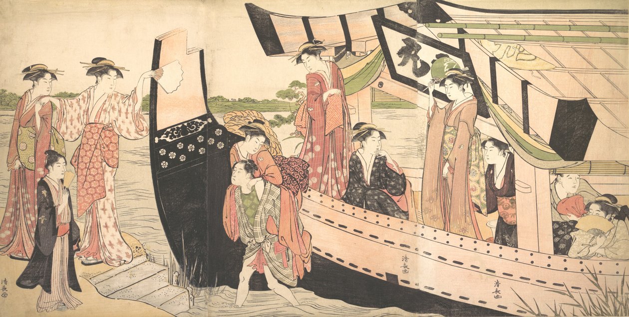 Mujeres desembarcando de un bote de placer en la orilla en Mukojima en el río Sumida, ca. 1785 de Torii Kiyonaga