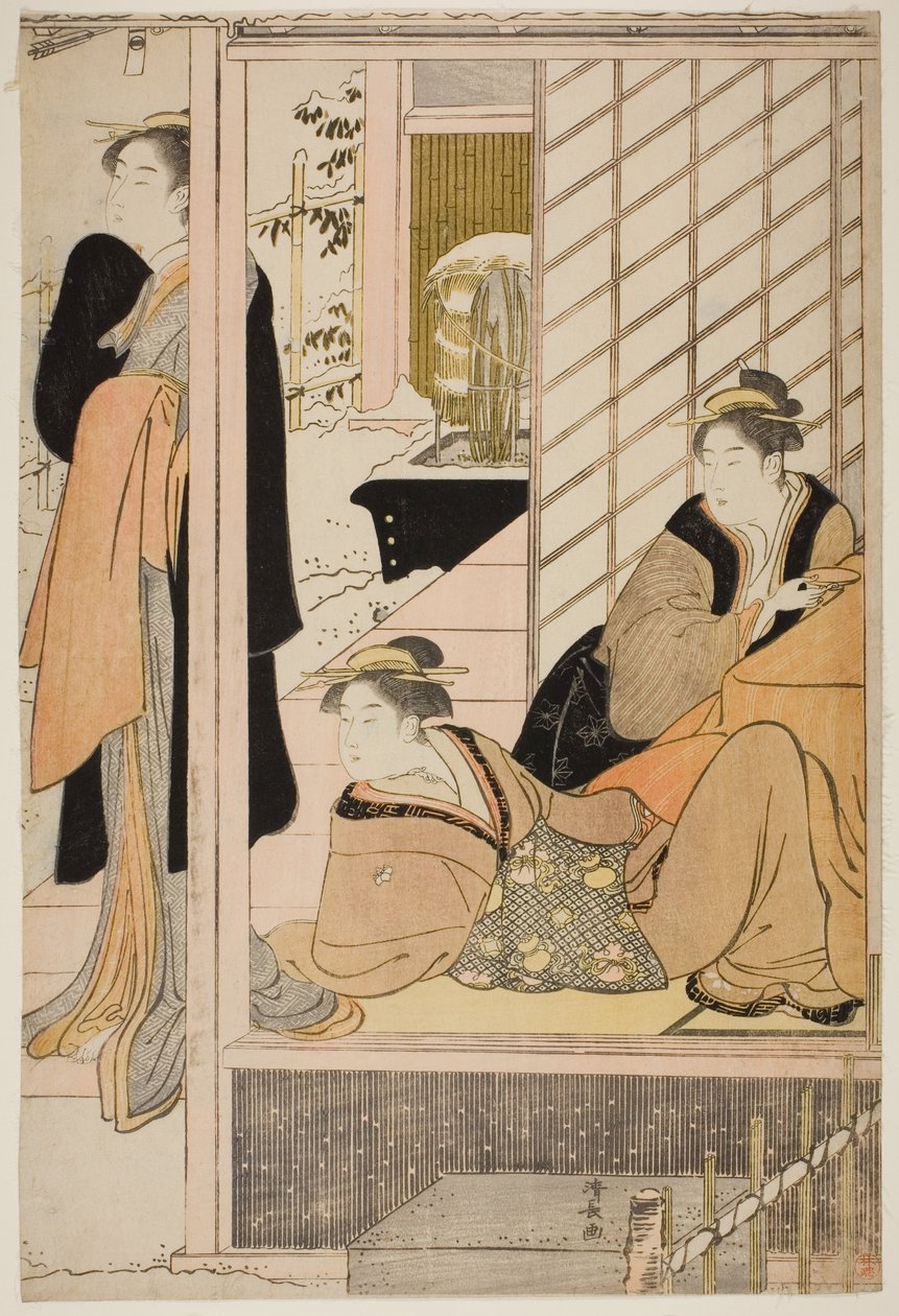 Mujeres Viendo un Jardín Nevado desde un Salón de Torii Kiyonaga