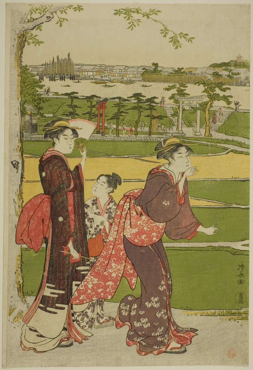 Mujeres visitando el Santuario Mimeguri de Torii Kiyonaga