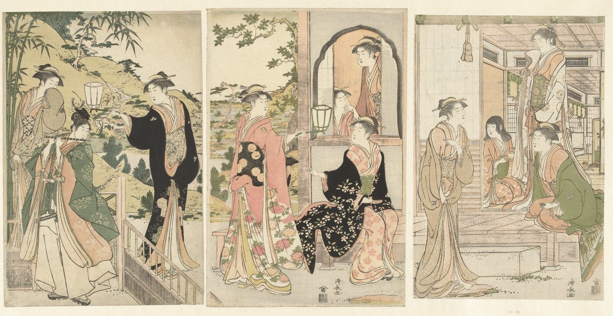 Yoshitsune dándole una serenata a Joruri hime de Torii Kiyonaga