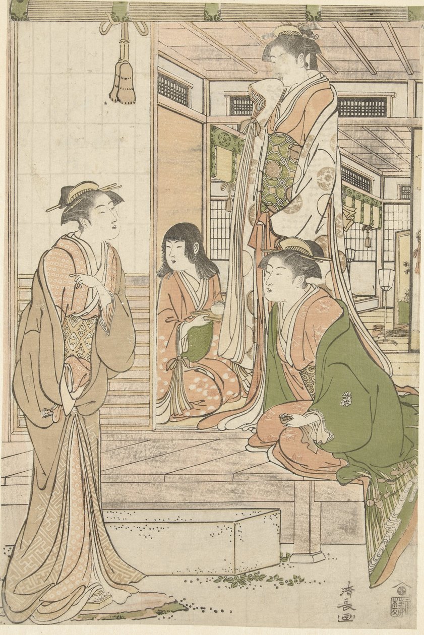 Yoshitsune dándole una serenata a Joruri hime. de Torii Kiyonaga