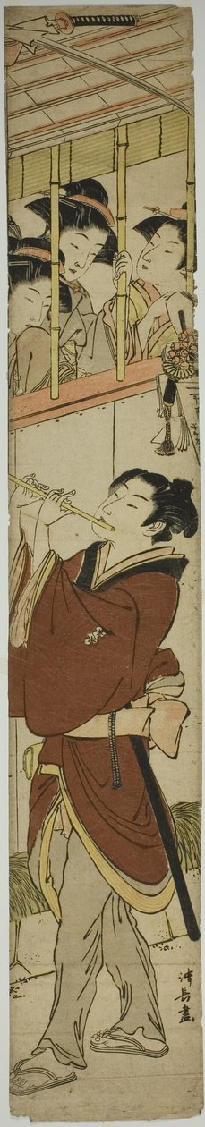 Joven tocando la flauta mientras tres chicas observan de Torii Kiyonaga