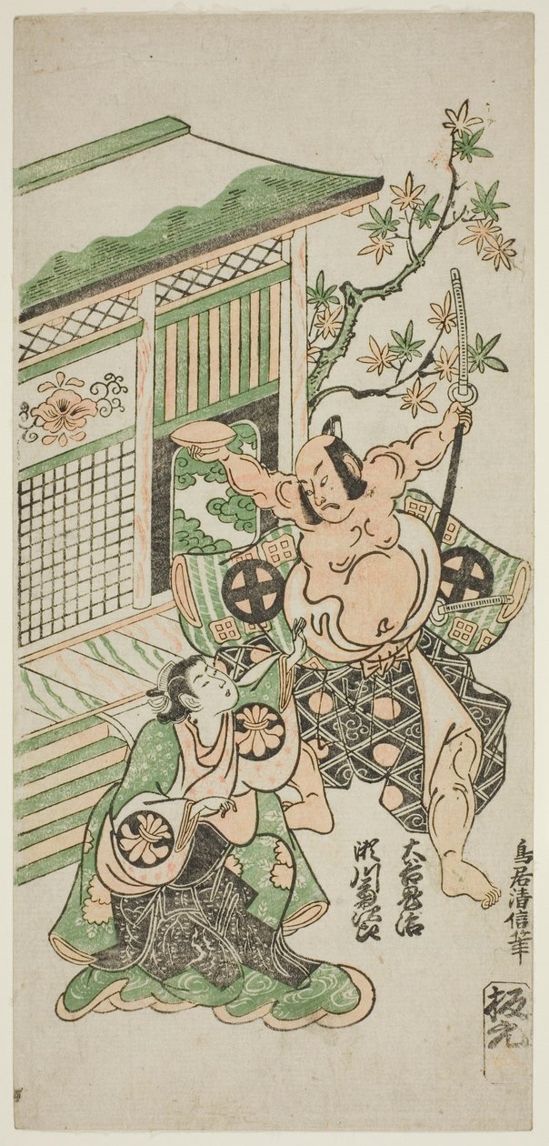 Los actores Segawa Kikujiro I como Karumo, esposa de Nobutsura, y Otani Oniji I como Tahara Matataro en la obra "Shusse Momijigari", representada en el Teatro Ichimura en el undécimo mes de 1747. de Torii Kiyonobu II
