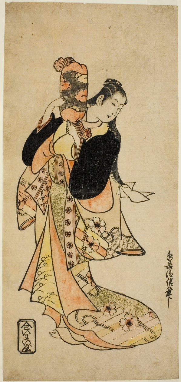 El Actor Ichikawa Monnosuke I como Oiso no Tora en la obra "Nigiwai Suehiro Soga," presentada en el Teatro Morita en el primer mes, 1721 (?) de Torii Kiyonobu I