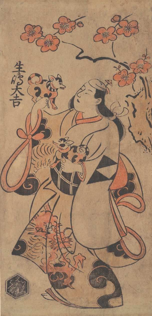 El actor Ikushima Daikichi como una mujer bajo un árbol de ume, ca. 1705 de Torii Kiyonobu I