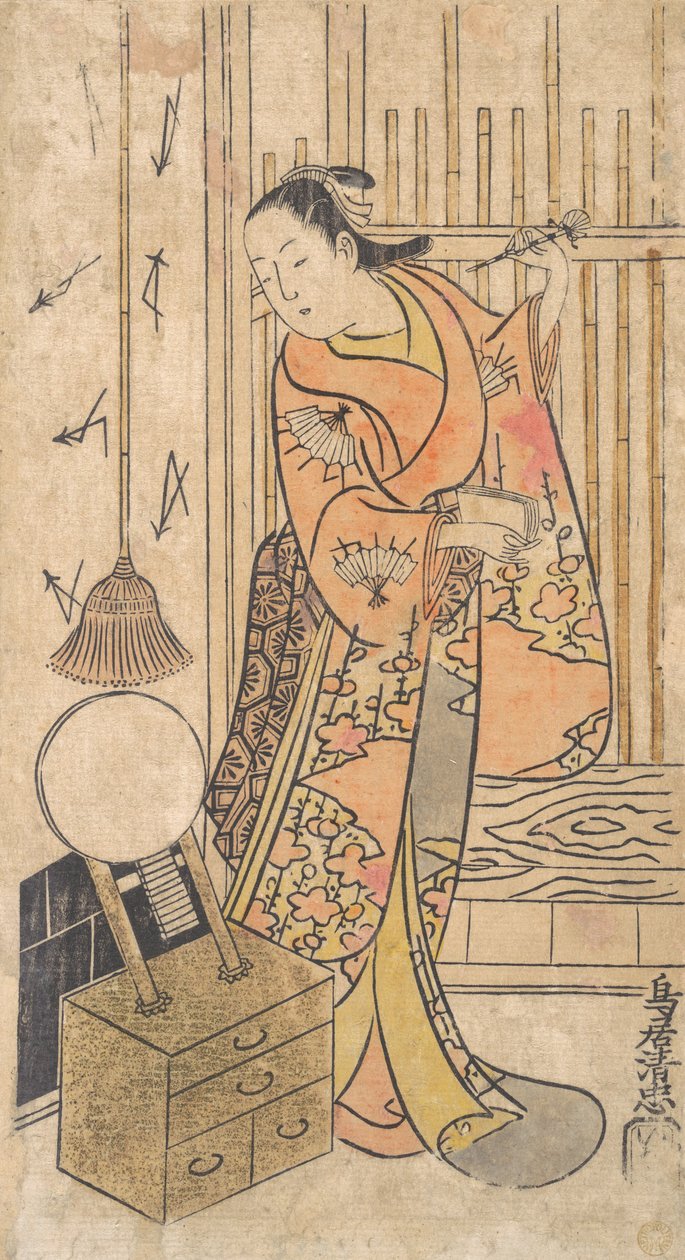 Actor como una mujer de pie junto a un espejo, ca. 1735 de Torii Kiyotada