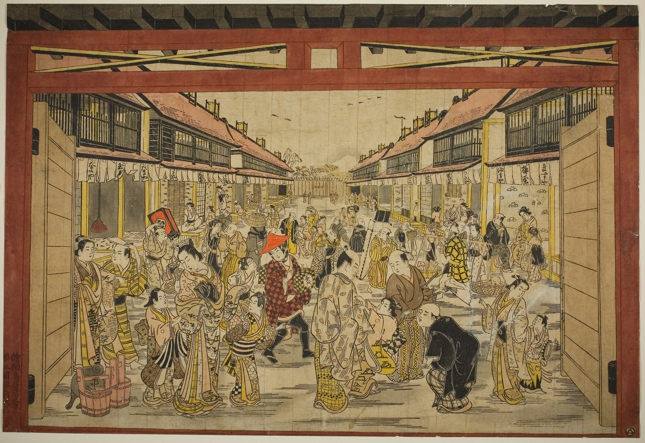 La puerta principal, Nueva Yoshiwara, hacia 1745 (xilografía coloreada a mano; toku-oban yoko-e, beni-e) de Torii Kiyotada