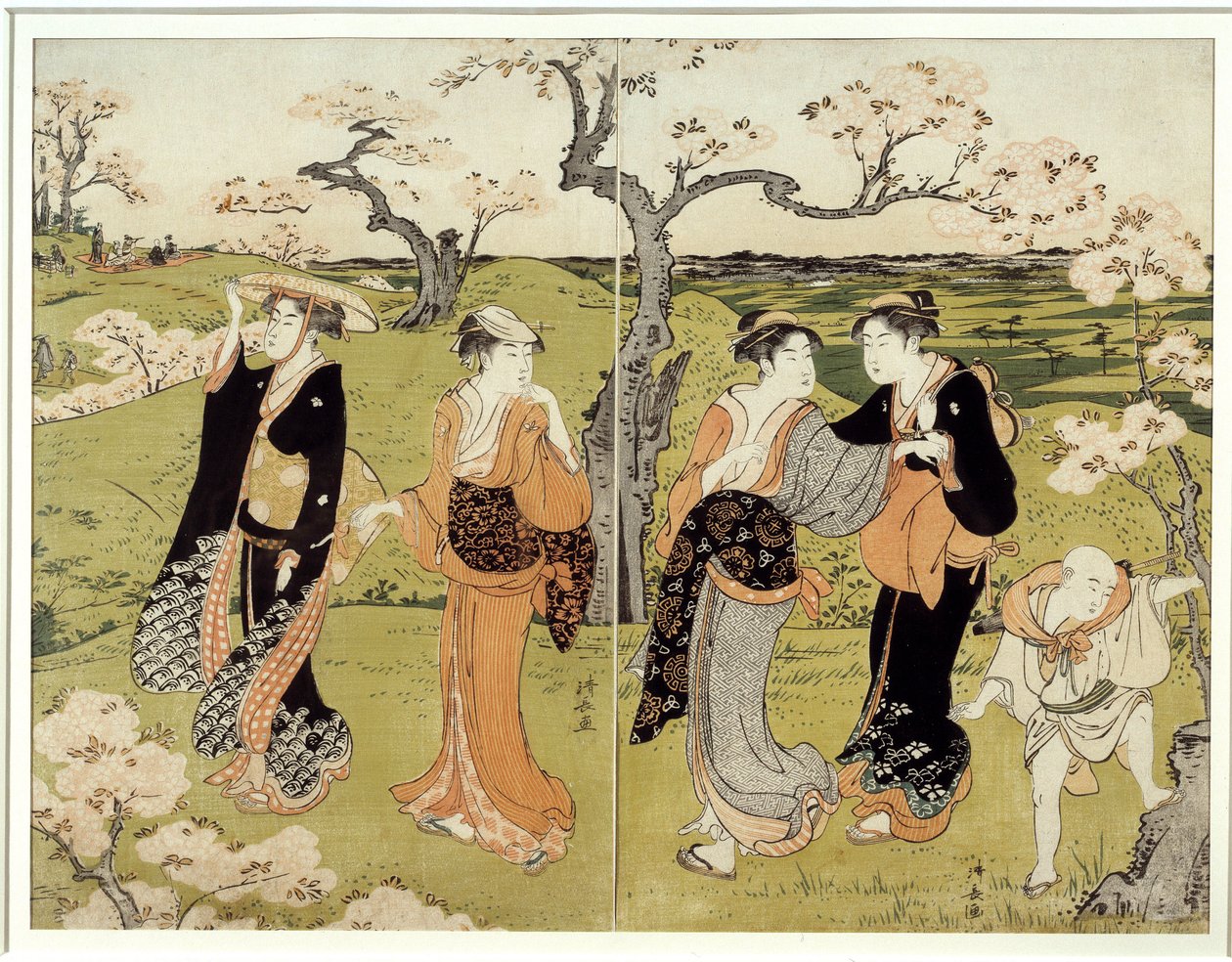 Picnic bajo los cerezos en flor en Assaakayama. Grabado japonés de Torii Kiyonaga (1752-1815), estilo Ukiyo-E. de Torii Kuyonaga