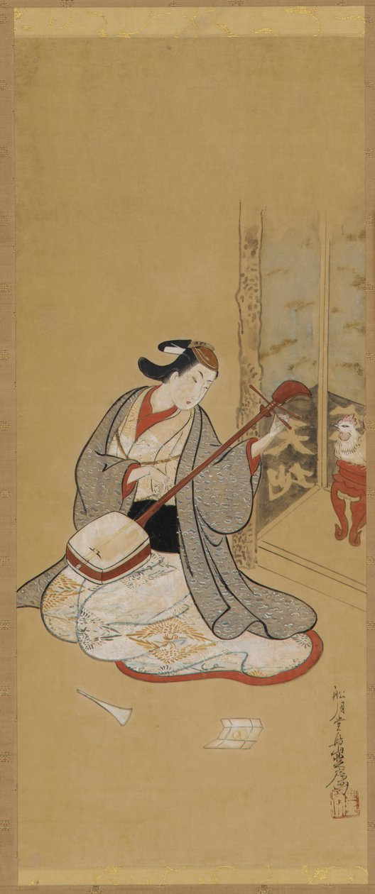 Un actor en vestido femenino encordando un samisen, período Edo, mediados-finales del siglo XVIII de Toriyama Sekien