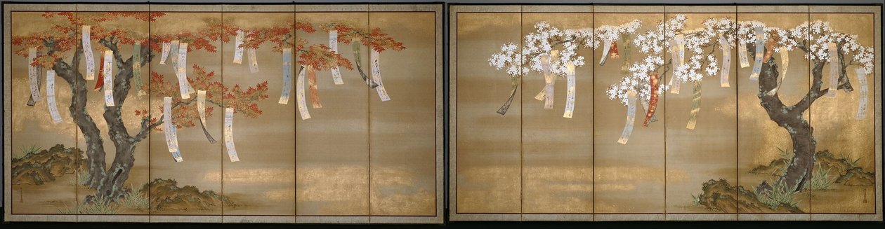 Cerezo en Flor y Arces de Otoño con Poemas de Tosa Mitsuoki