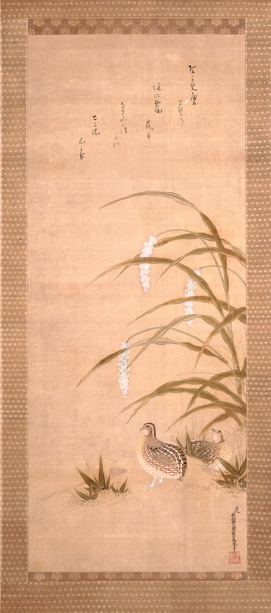 Quail And Millet (tinta y color sobre seda) de Tosa Mitsunari