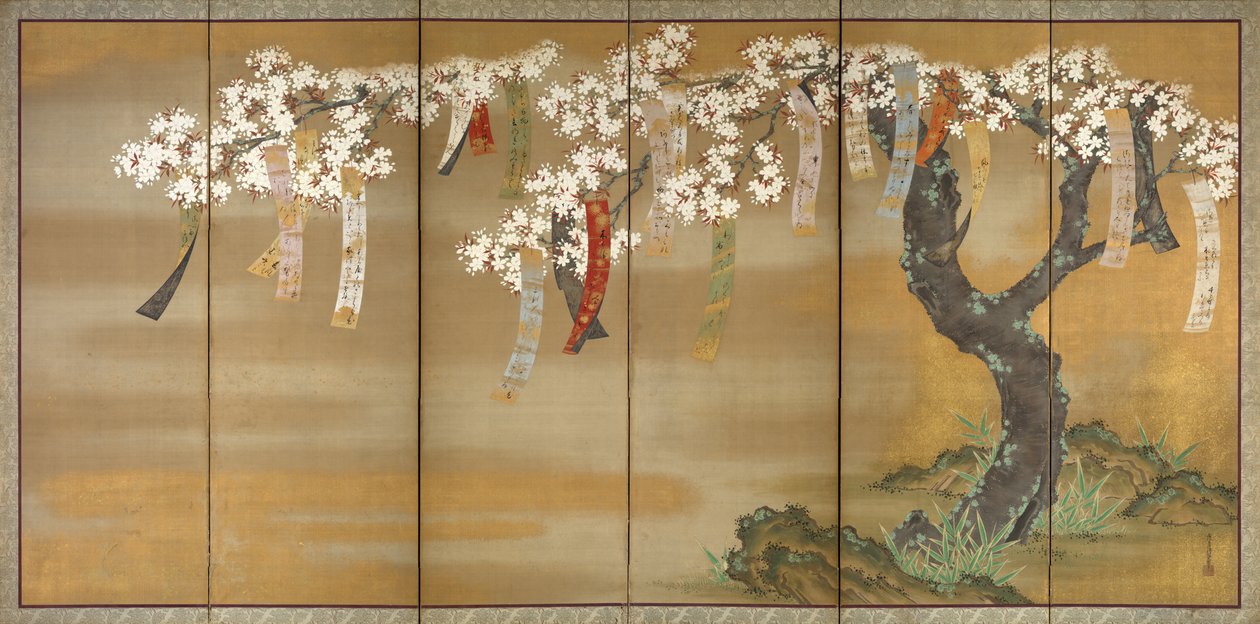 Cerezo en flor y arces de otoño con poemas, 1654-81 de Tosa Mitsuoki