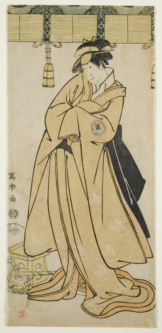 El actor Segawa Tomisaburo II como el príncipe Korehito disfrazado de la doncella Wakakusa de la familia Otomo de Toshusai Sharaku
