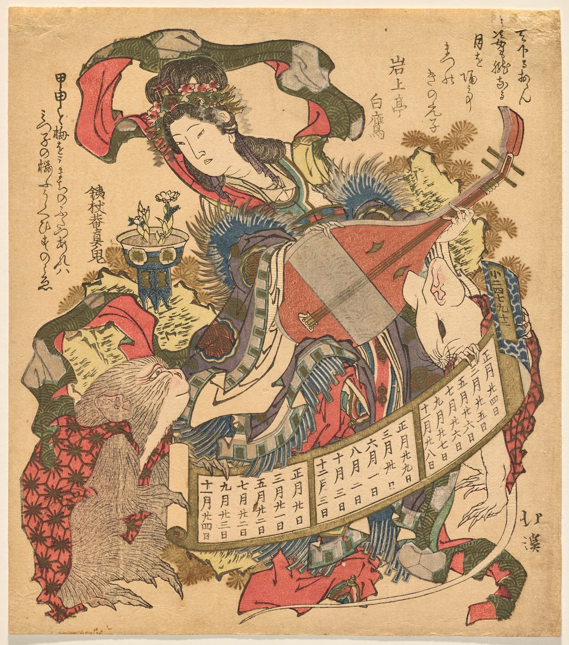 Benzaiten jugando biwa con mono y rata blanca de Totoya Hokkei