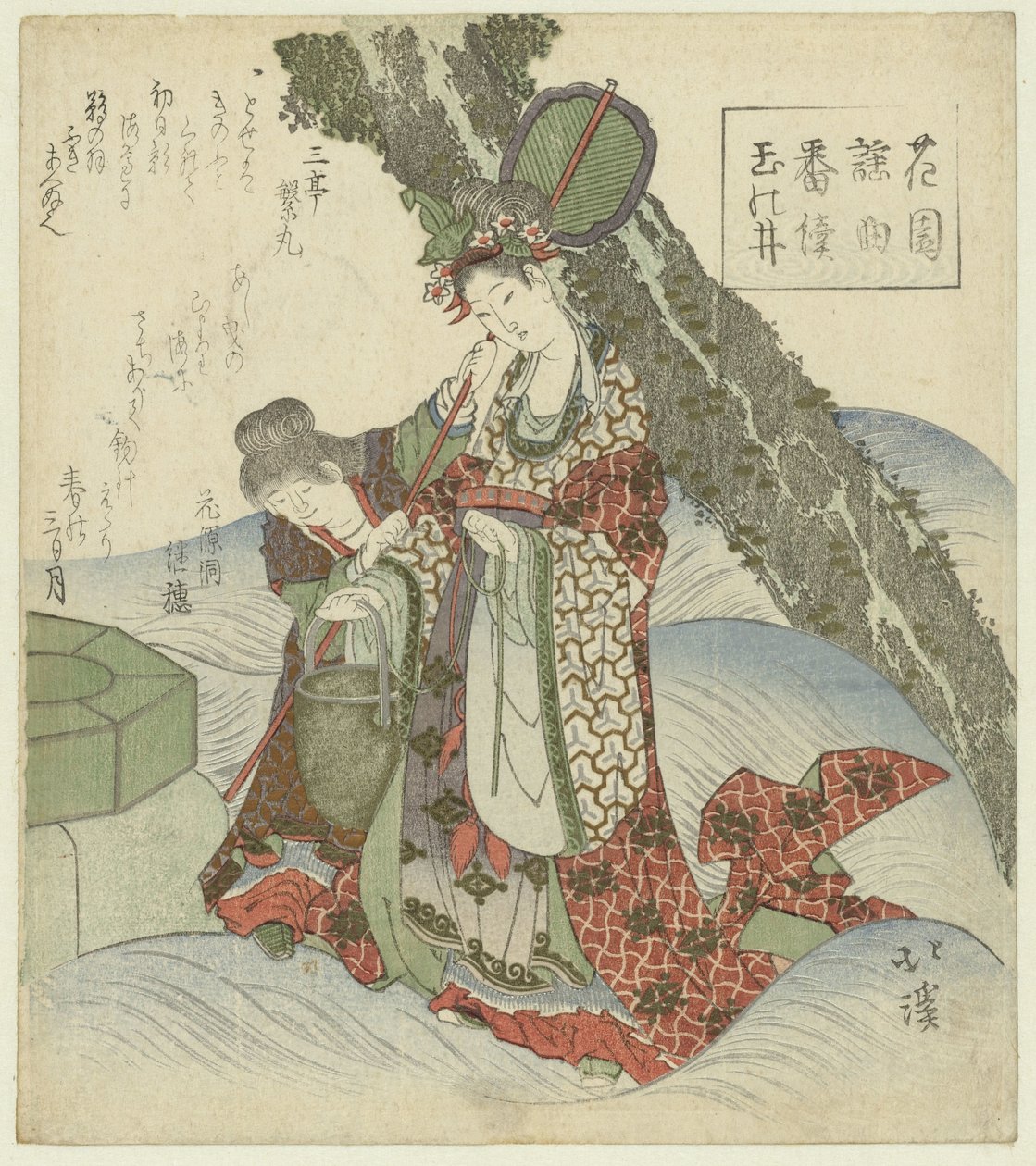la fuente de las joyas Tama no i (título sobre objeto) Una serie de canciones Nô para la Sociedad de Poesía Hanazono (título de la serie) Hanazono yôkyoku bantsuzuki (título de la serie sobre el objeto) de Totoya Hokkei