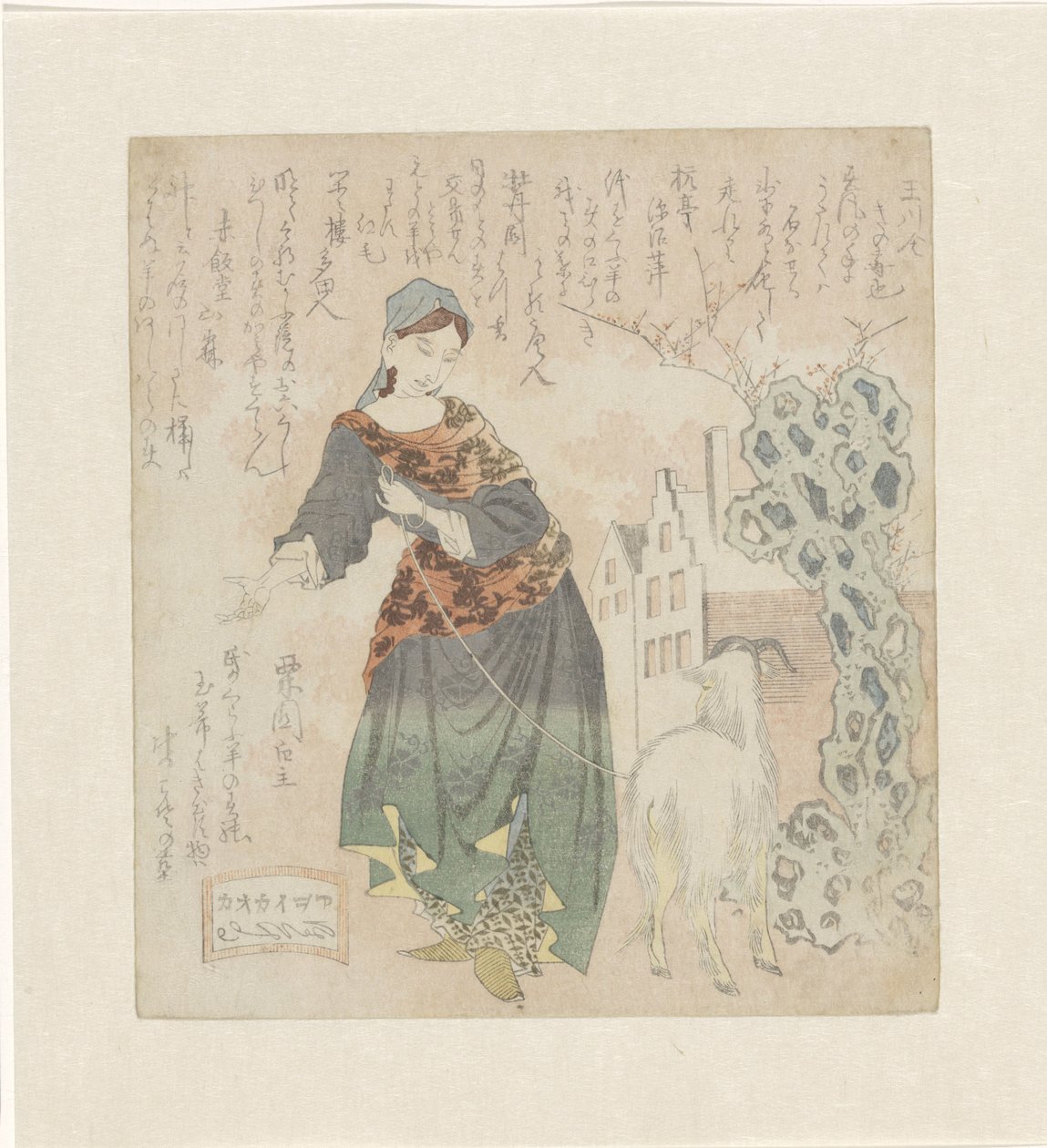 mujer europea con cabra de Totoya Hokkei