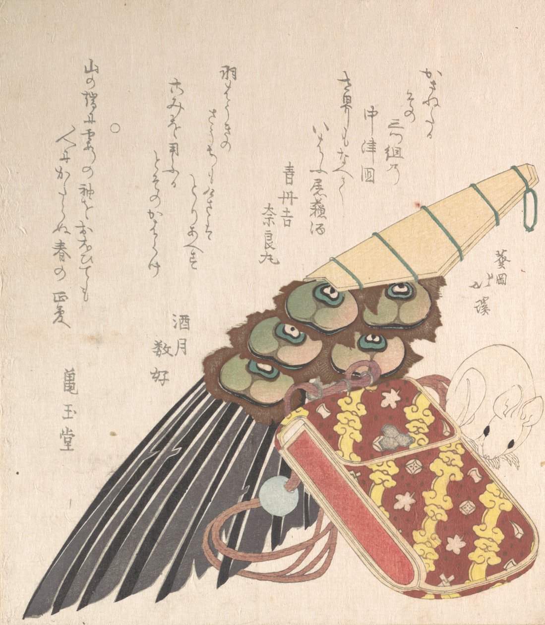 Cepillo de plumas y Doran, un tipo de estuche de medicina con un netsuke de una rata, probablemente 1816 de Totoya Hokkei