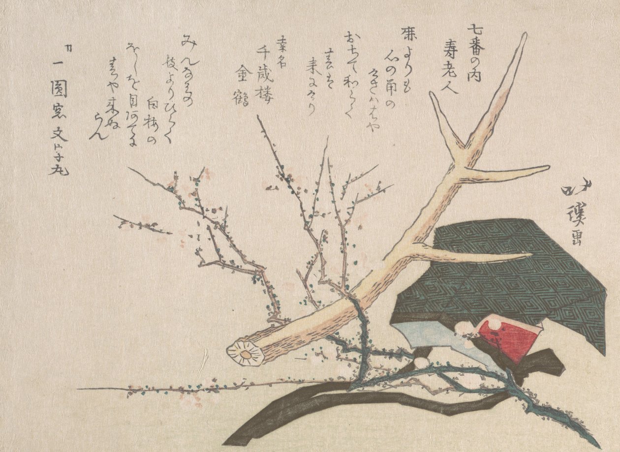 Sombrero, cuerno de ciervo y rama de ciruelo, representando a Jurojin, el dios de la vida, siglo XIX de Totoya Hokkei
