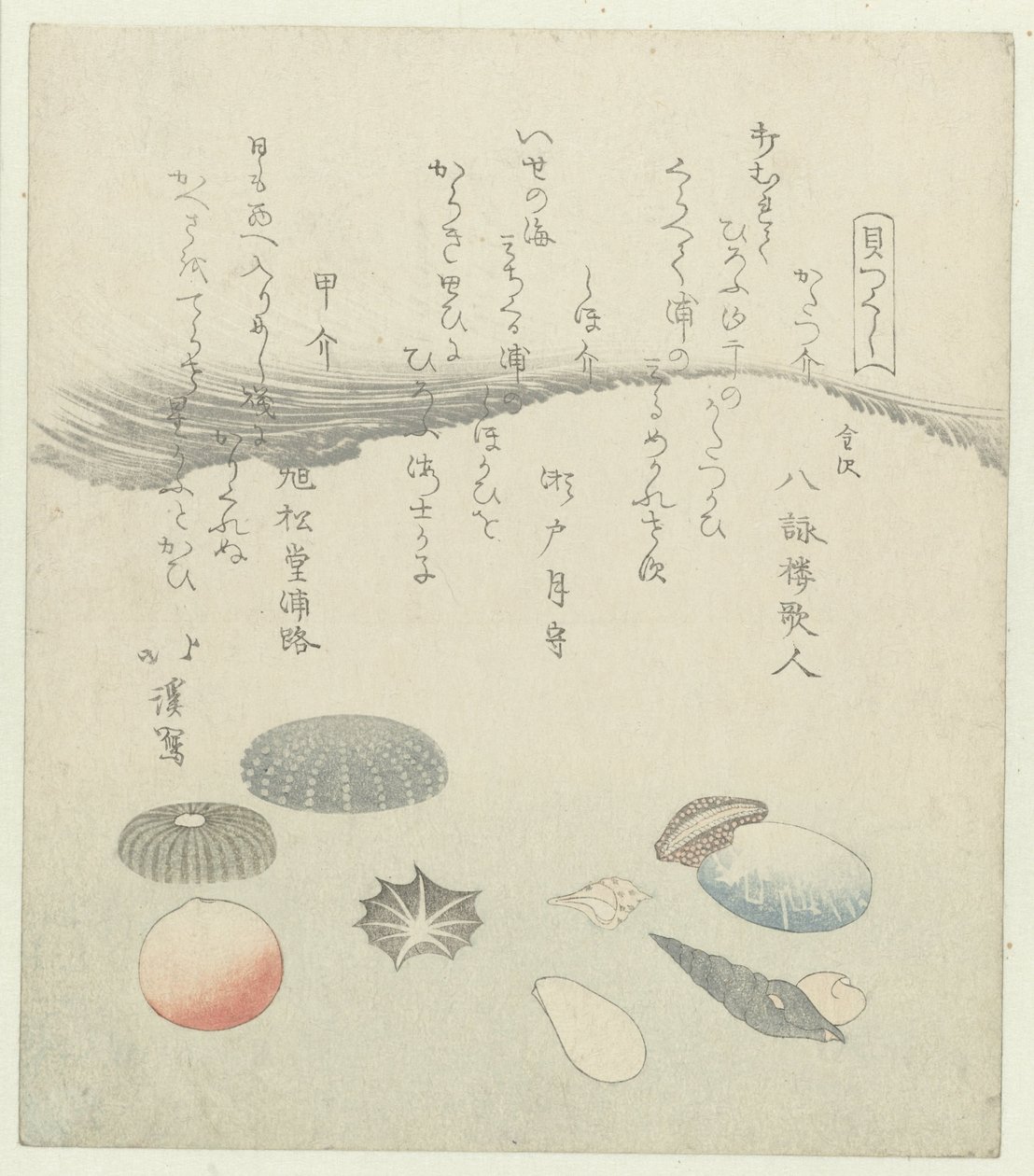 Concha redonda roja y azul con conchas más pequeñas. Una serie de conchas (título de la serie) Kaatsukushi (título de la serie sobre el objeto) de Totoya Hokkei