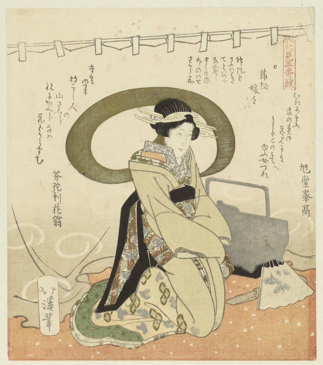 Mujer en juego de picnic Pentáptico sobre admirar las flores (título de la serie) Hanami gobantsuzuki (título de la serie sobre el objeto) de Totoya Hokkei