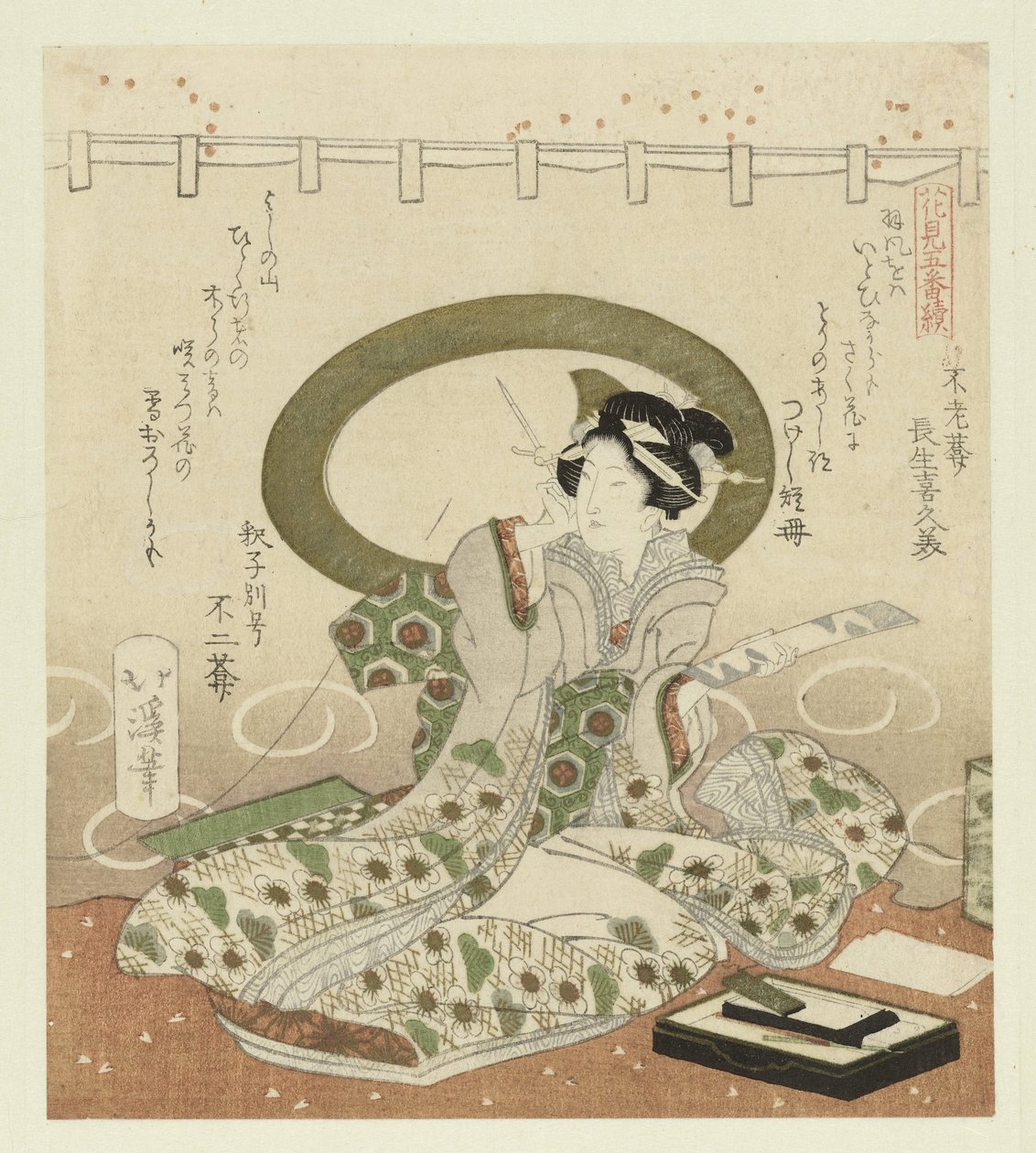 Mujer escribe poema Pentáptico sobre admirar las flores (título de la serie) Hanami gobantsuzuki (título de la serie sobre el objeto) de Totoya Hokkei