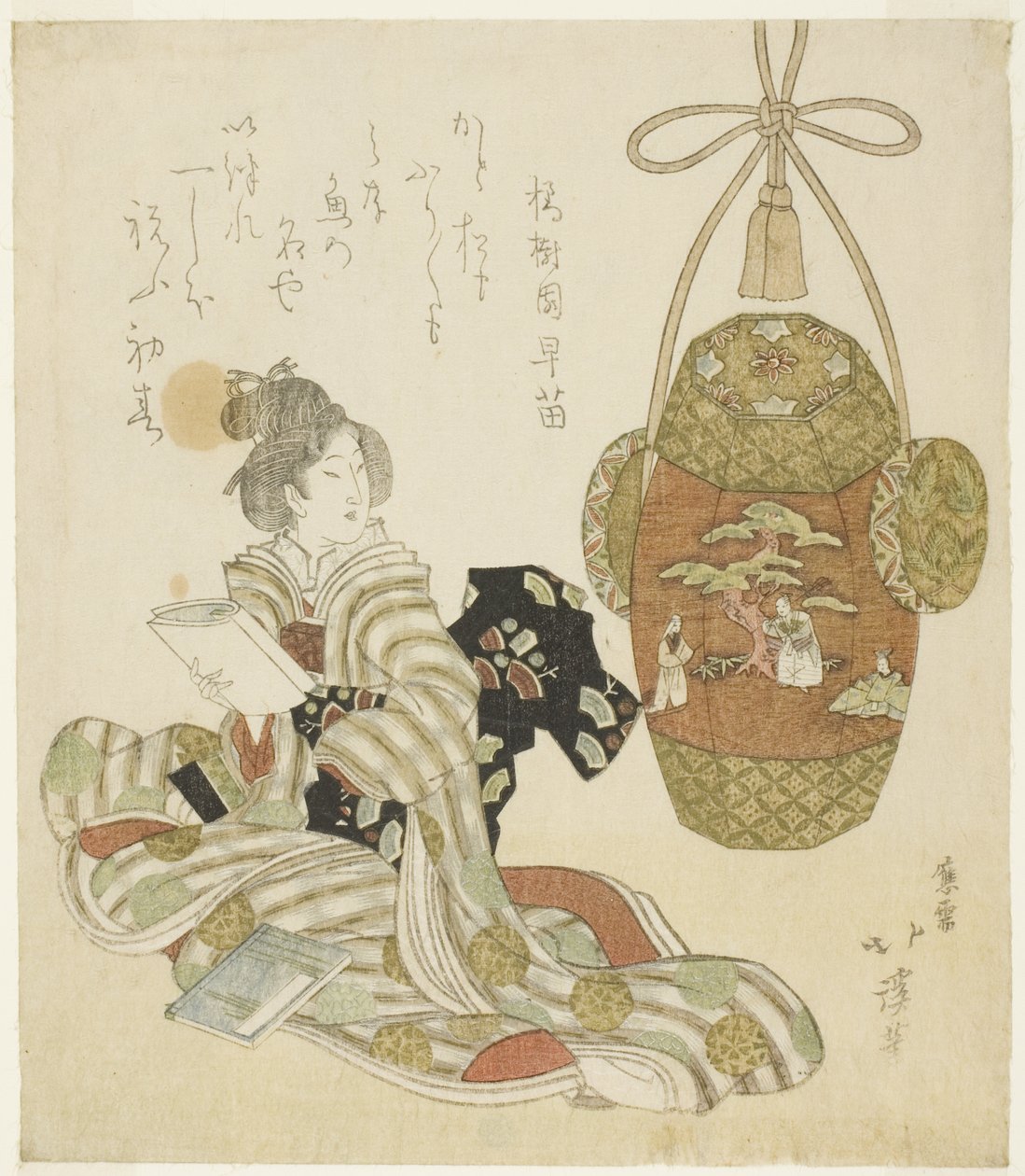Mujer con libro sentada junto a un juguete de Año Nuevo de Totoya Hokkei