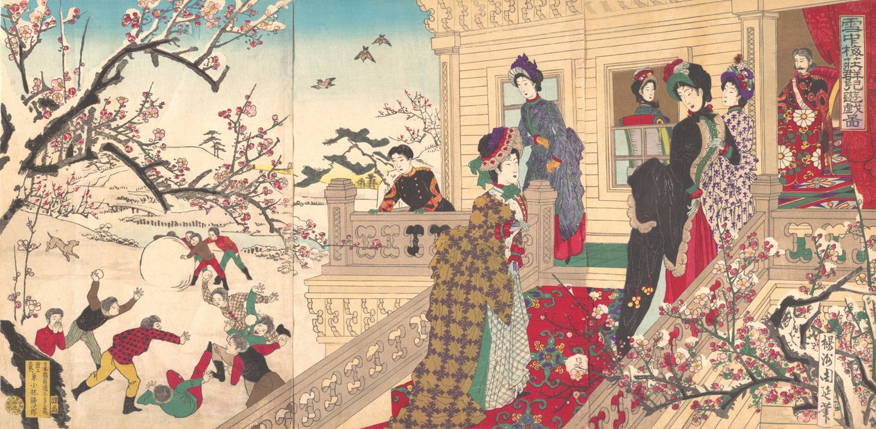 Niños jugando en la nieve bajo ciruelos en flor de Toyohara Chikanobu