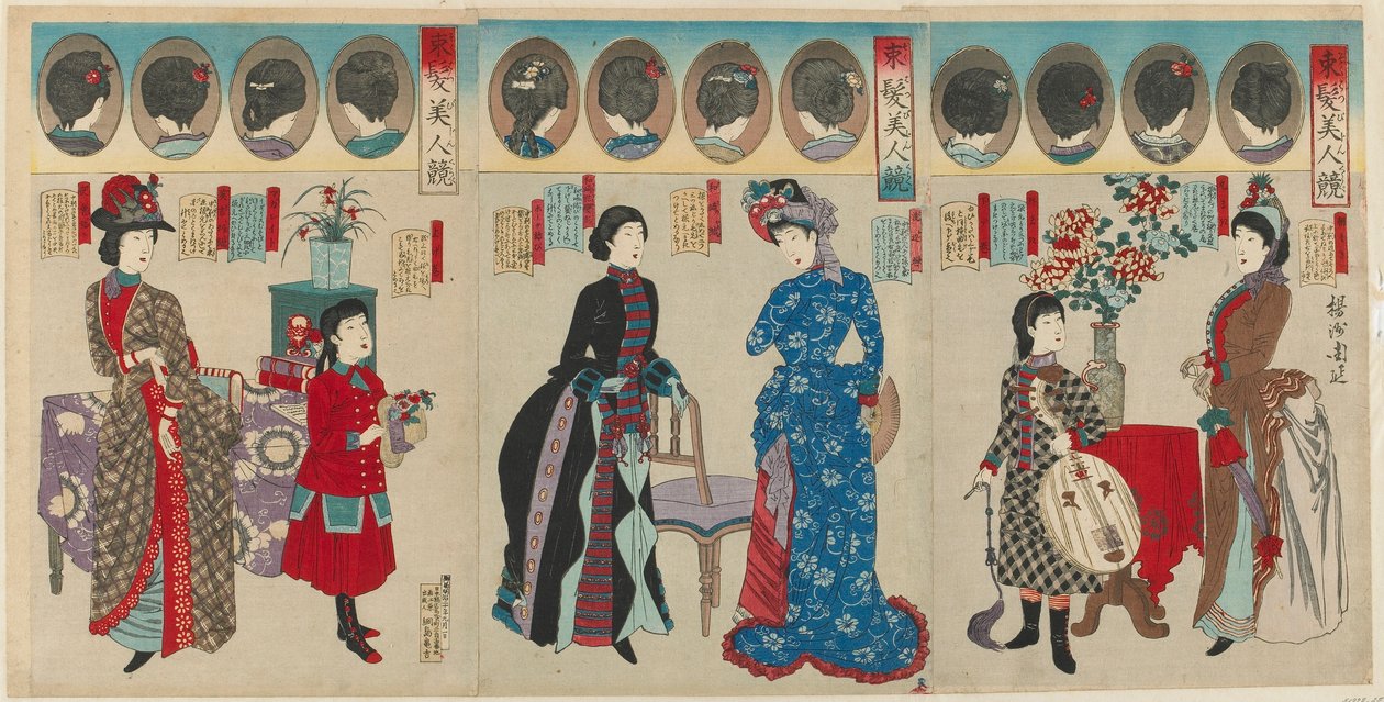 Comparación de mujeres hermosas en peinados occidentales, era Meiji, 1887 de Toyohara Chikanobu