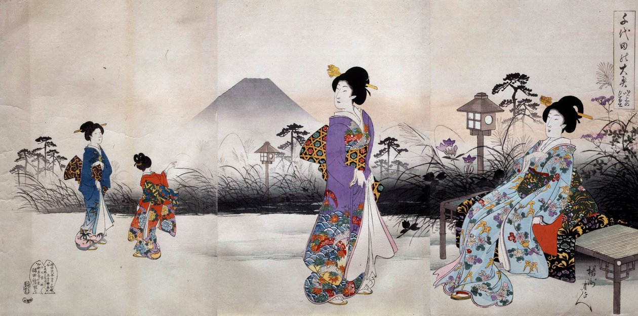 Mujeres japonesas caminando frente al Monte Fuji. Estampa japonesa de Toyohara Chikanobu (1838-1912) 1896. Colección privada de Toyohara Chikanobu
