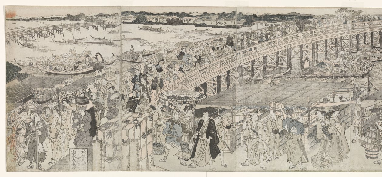 Vista: Disfrutando de la brisa nocturna en el puente de Ryogoku de Toyokuni (II) , Utagawa