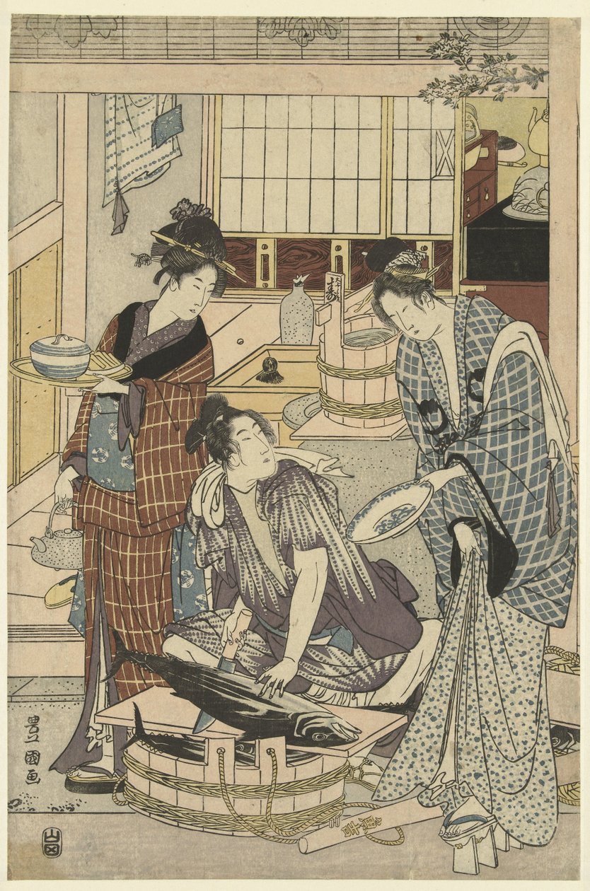 pescadero El cuarto mes, un tríptico Yongatsu, sanbukutsui (título sobre objeto) Los doce meses de Toyohiro y Toyokuni (título de la serie) Toyohiro Toyokuni ryoga juniko (título de serie en objeto) de Toyokuni (II) , Utagawa