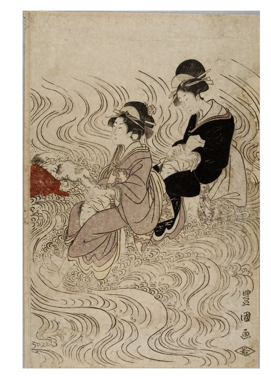 Fiesta de cortesanas cruzando un río agitado por las olas de Toyokuni Utagawa