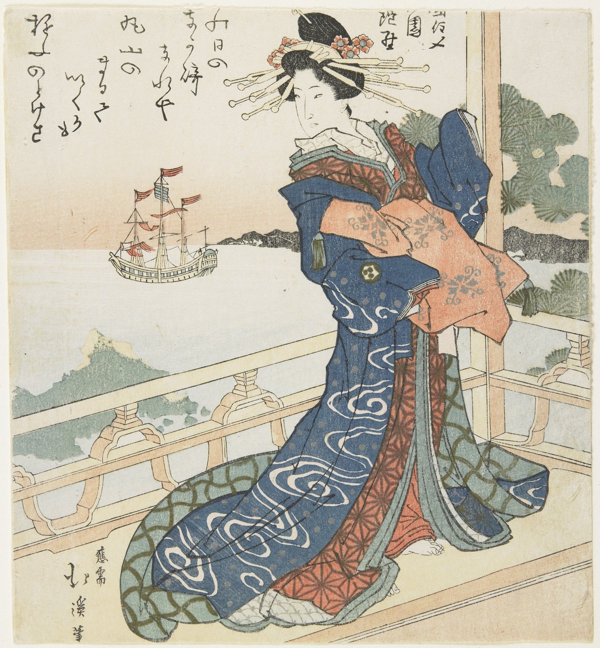 Cortesana mirando un barco extranjero, 1818-1844 de Toyota Hokkei