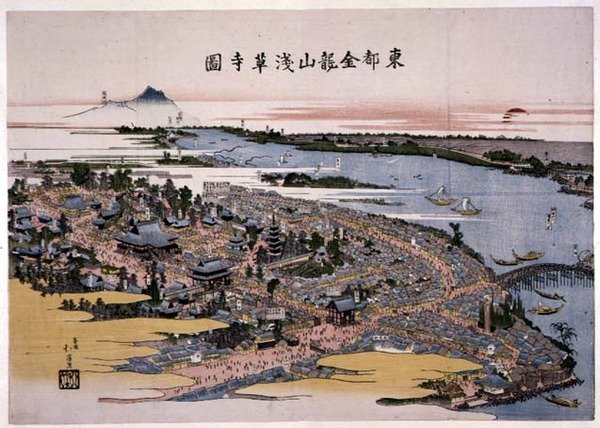 Templo Kinryuzan Senso-ji en la Capital del Este (Edo) c.1820 (xilografía) de Toyota Hokkei