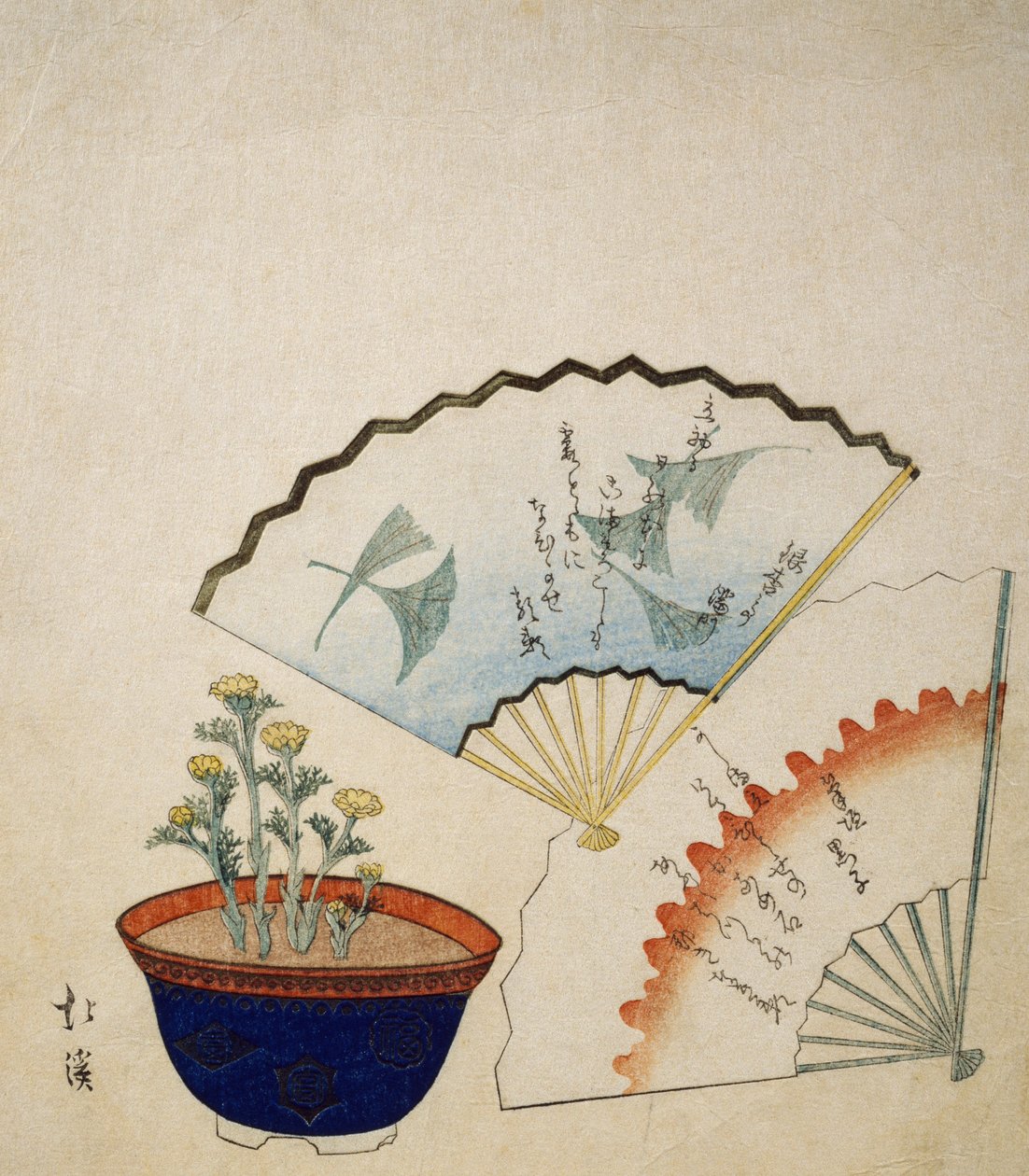 Jarrón con Adonis y dos abanicos decorados con poemas de Ichotei Mitsunori y Fudegaki, circa 1830 de Toyota Hokkei
