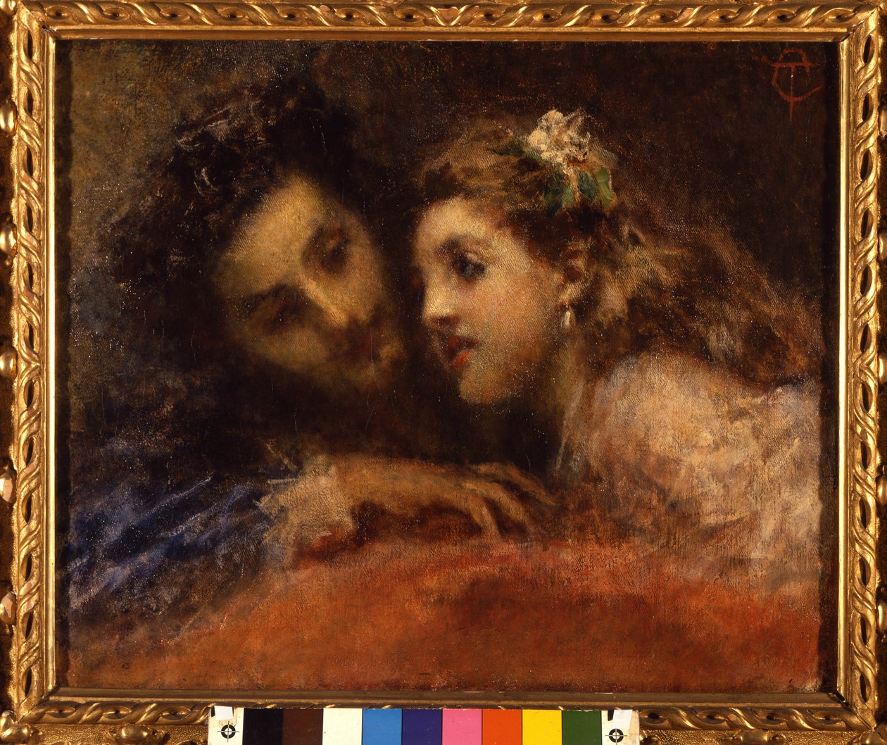 Atracción, un hombre se inclina hacia un niño de manera cómplice y reconfortante. Probablemente sea un padre y su hija (de boca en boca). Pintura de Tranquillo Cremona (1837-1878) Galería de Arte Moderna, Milán de Tranquillo Cremona