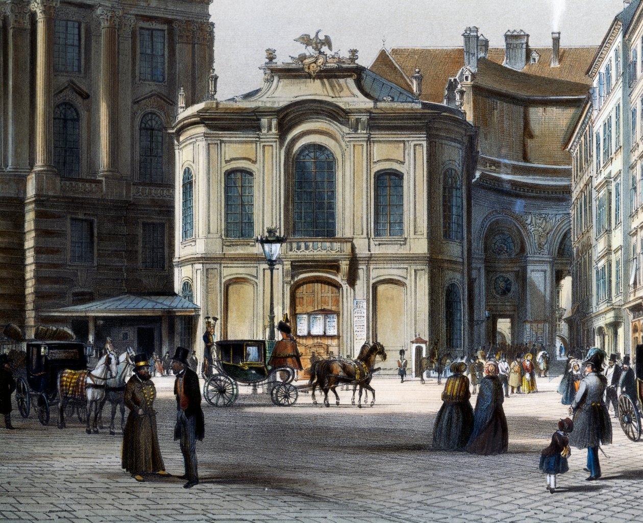 Burgtheater en Viena Michaelerplatz con Winterreitschule (escuela de equitación de invierno) a la derecha, por Tranquillo Mollo (1767-1837), grabado en color, Austria de Tranquillo Mollo