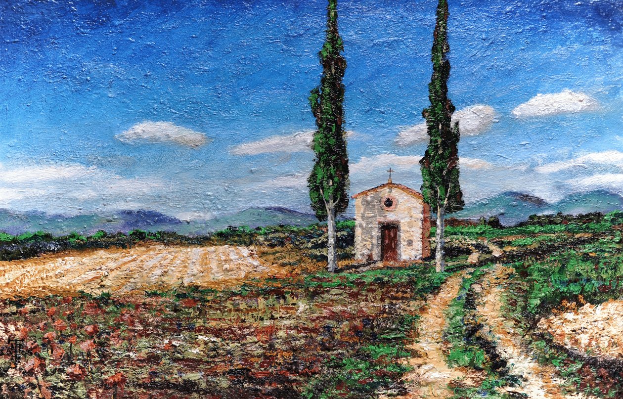 Capilla y dos árboles, Toscana, 2005 de Trevor Neal