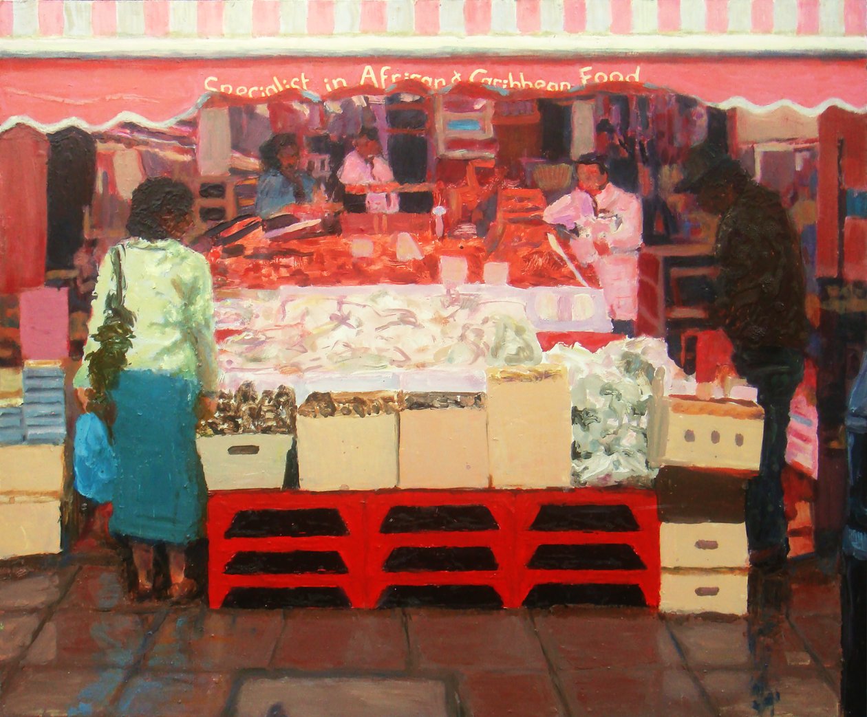 Comida africana y caribeña, 2010 (óleo sobre tabla) de Trevor Burgess