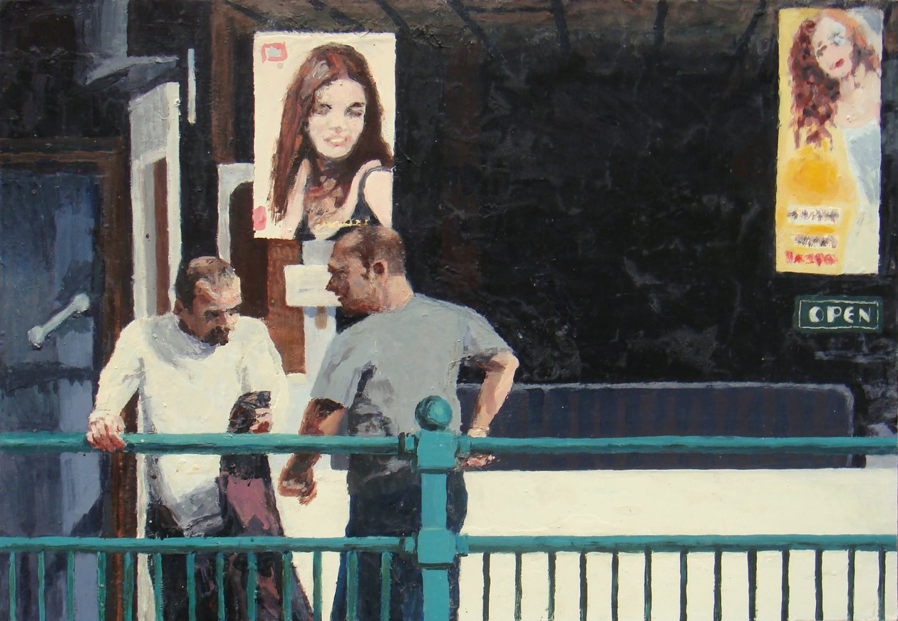 Conversación, 2006 (óleo sobre tabla) de Trevor Burgess