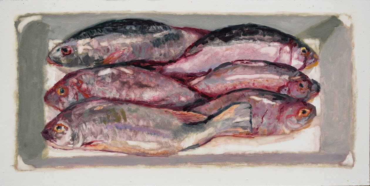 Caja de pescado 1 (Billingsgate, Londres), 2016 (óleo sobre tabla) de Trevor Burgess