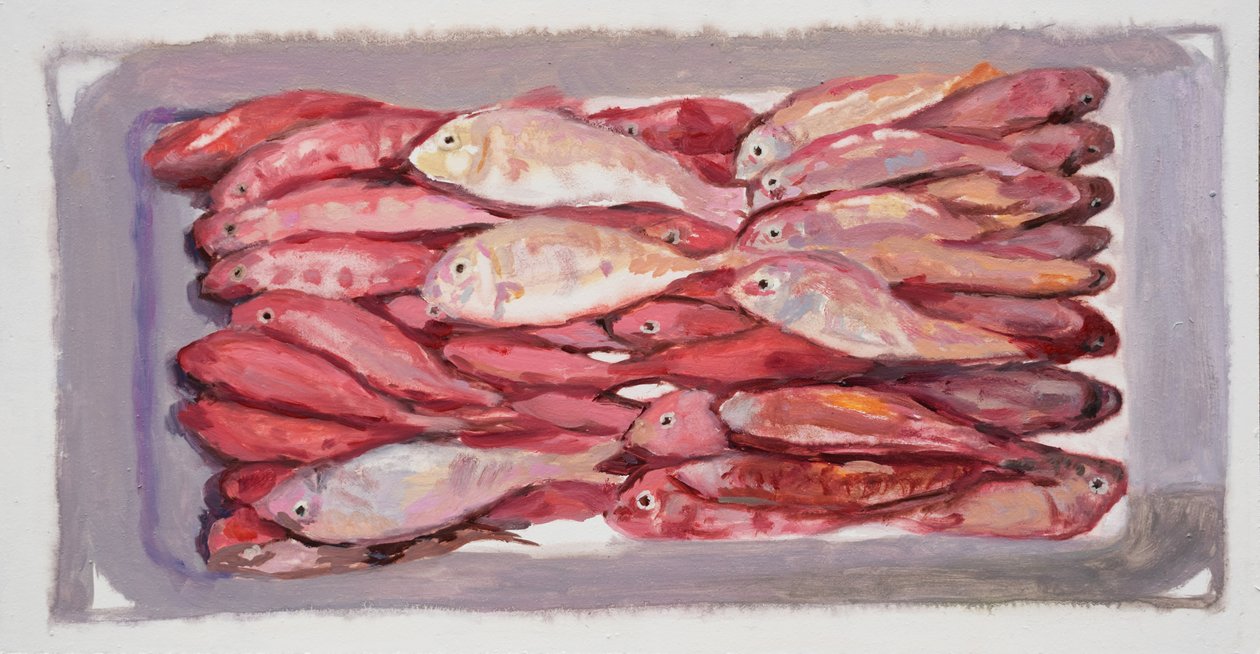 Caja de pescado 4 (Billingsgate, Londres), 2016 (óleo sobre tabla) de Trevor Burgess